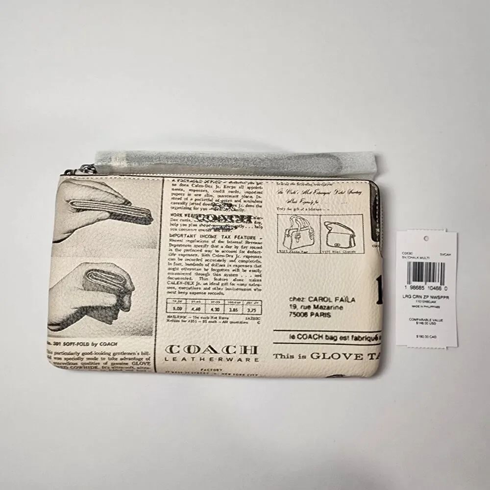 NWT COACHโCDE80 Heritage Large Corner Zip Wristlet Newspaper Print v3